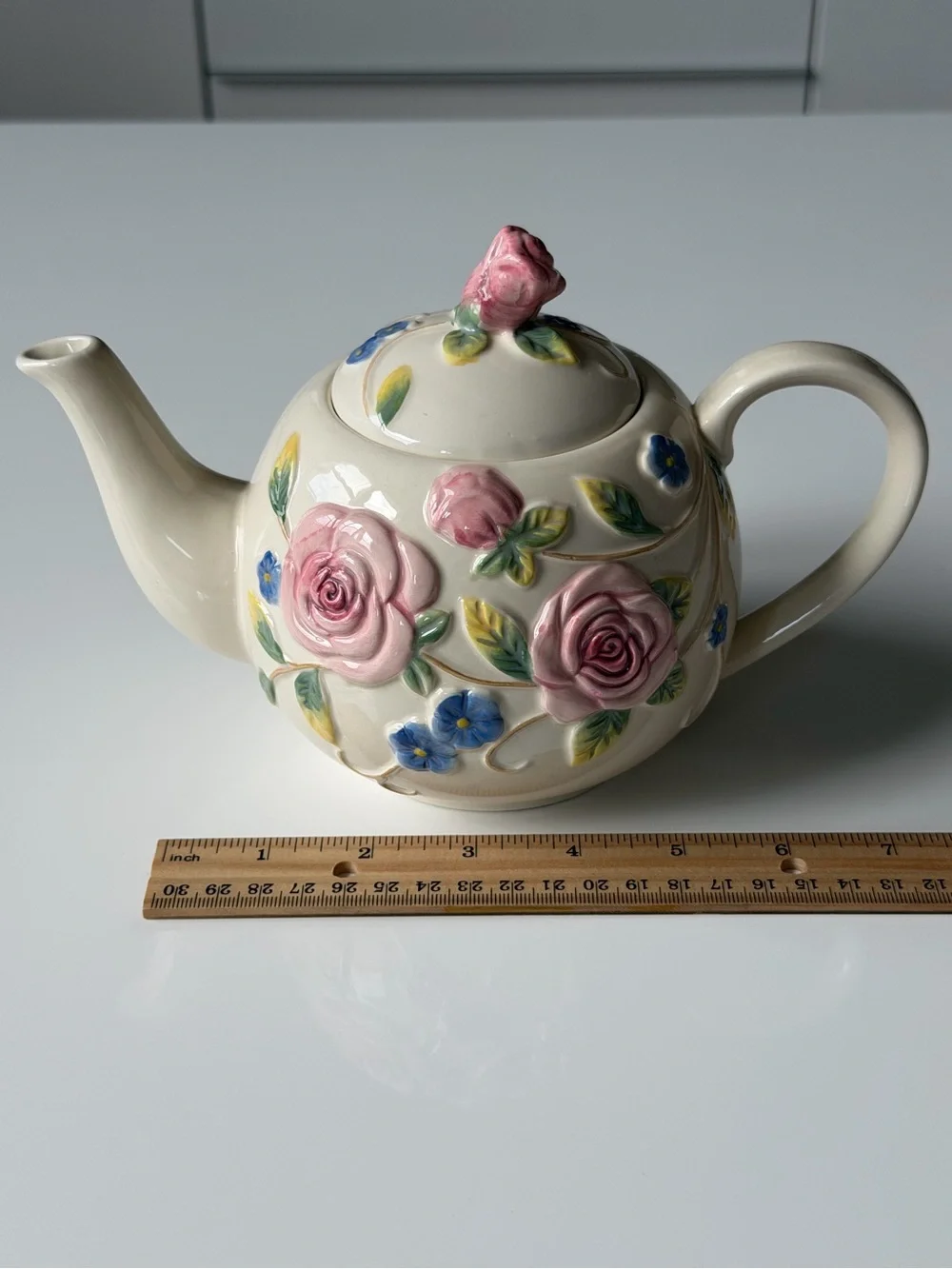 KF Vintage Ivory Glaze Ceramic Teapot - Embossed Pink Roses & Blue Flowers.